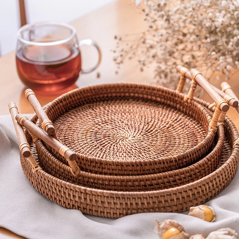 Handwoven Rattan Tray with Handle