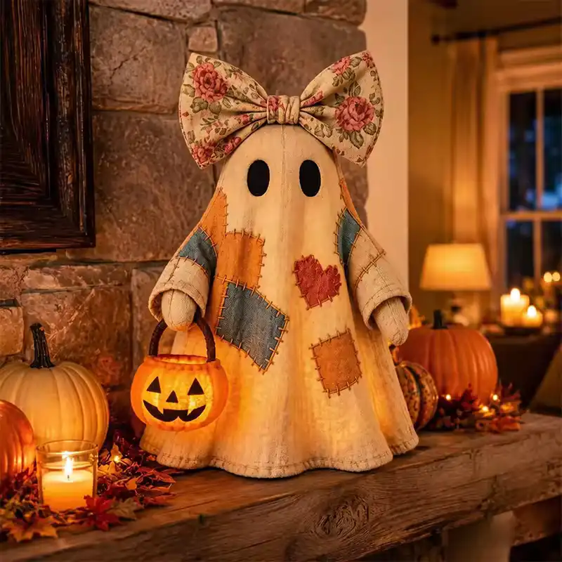 Lighted Vintage Patchwork Ghost with Pumpkin Lantern Halloween Decor Vintage Halloween Patchwork Ghosts Lamp