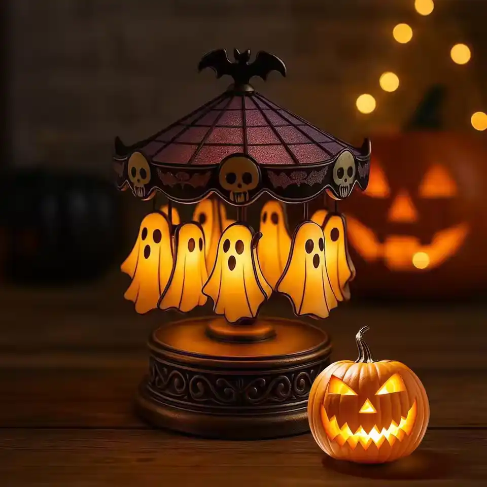 Light up Ghost Carousel Halloween Spooky Carousel Lamp Decorations Floating Ghost Indoor Table Decor for Kitchen
