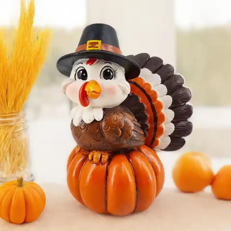 Resin Turkey Pumpkin Ornament for Thanksgiving Autumn Harvest Festive Tabletop Figurine with Retro Hat